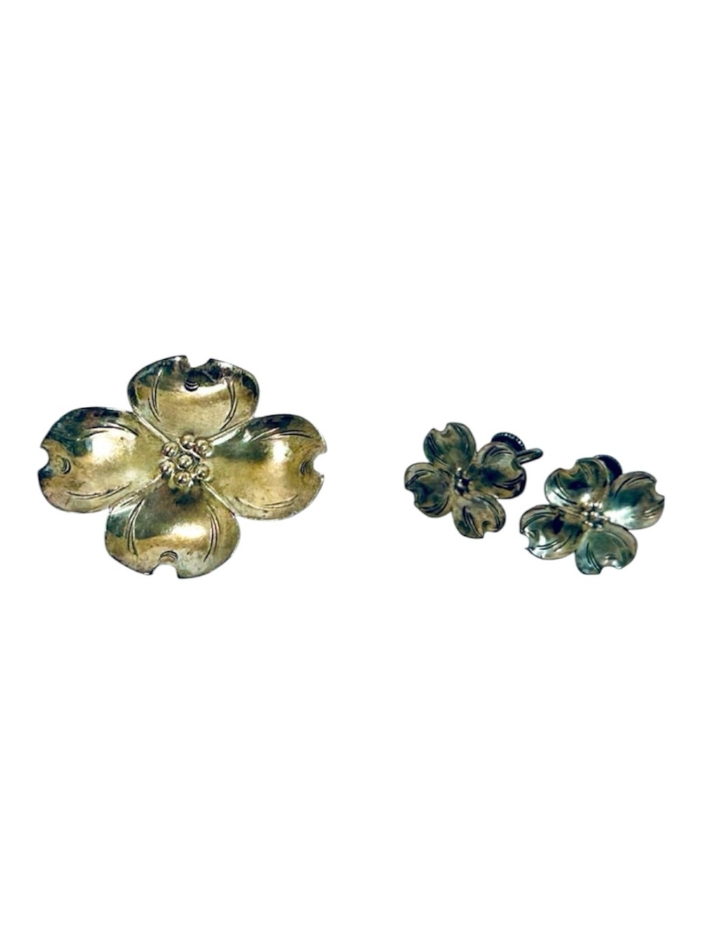 Vintage Stuart Nye RARE SET Sterling Silver  Dogwood Floral Brooch and Earrings